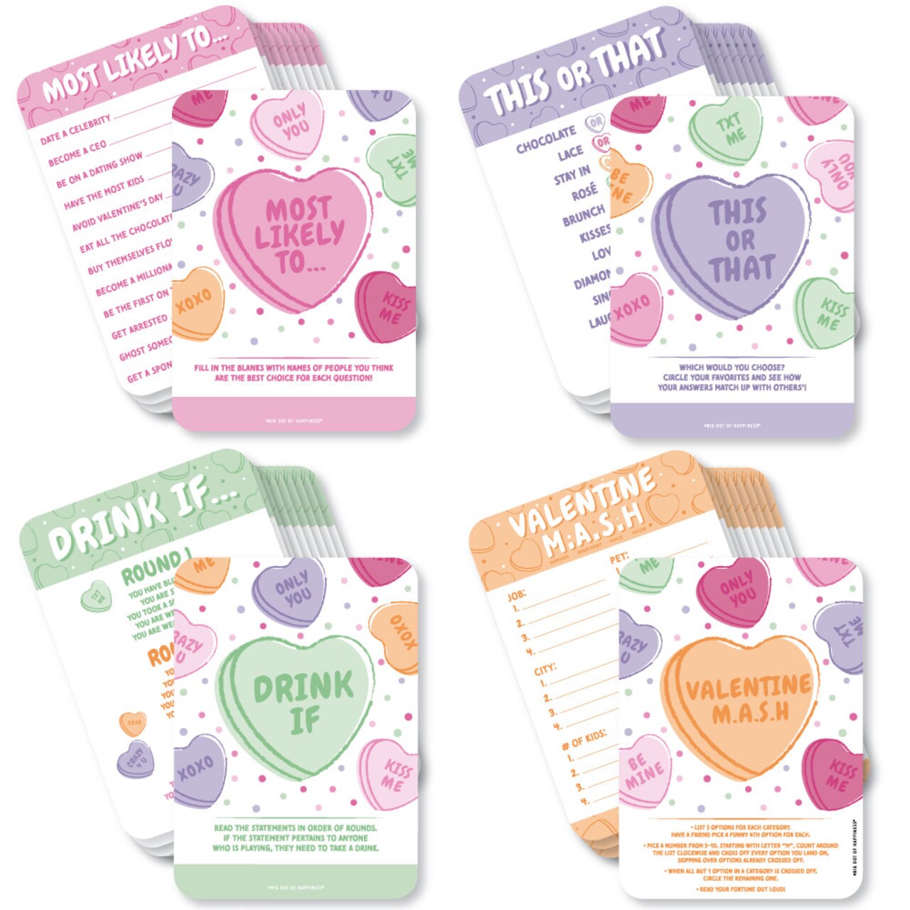 Big Dot of Happiness Valentine Hearts Game Pack - 4 Adult Galentine’s & Valentine’s Day Party Games - 10 Cards Each - Gamerific Bundle